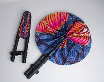 African Ankara Print Handheld Folding Hand Fan | - Leather Handle - Blue and Pink Floral Wax Print Fabric