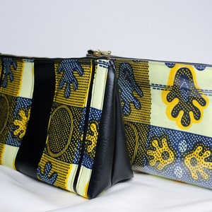 Cosmetic | Toiletries | Travel Bag | Wash Bag - Vegan Leather & Ankara African Print Fabric ( Purse Small Bag Zipper pouch) - Golden Duo Set