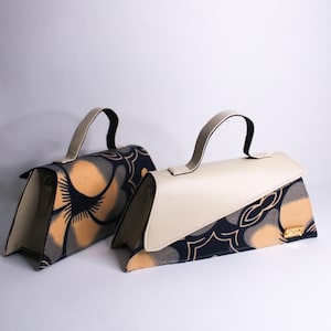 Cream Vegan Leather - Floral Navy & Peach Ankara Print Mini Bag | Handmade Bag | Baguette Style |  African Wax Prints Fabric | Summer Bag