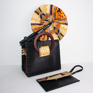 Black Vegan Leather Handcrafted  Handbag with Wooden Handles & Golden Kente Detail | Wax Print African Fabric Bag | Shoulder Bag