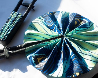 African Ankara Print Handheld Folding Hand Fan-  Blue Ankara | Handmade Leather and African Print Fan