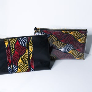 Kosmetik | Toilettenartikel | Reisetasche | Waschtasche - Veganes Leder & Ankara Afrikanischer Print Stoff ( Geldbeutel kleine Tasche Reißverschlusstasche) - Rotes Duo Set