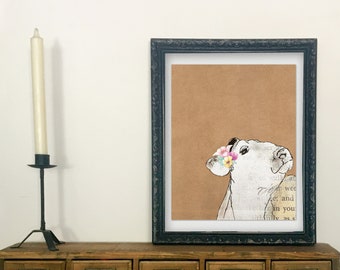 Lady cow with flowers hand drawn art print