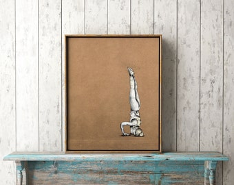 Girl doing headstand, hand drawn, art print