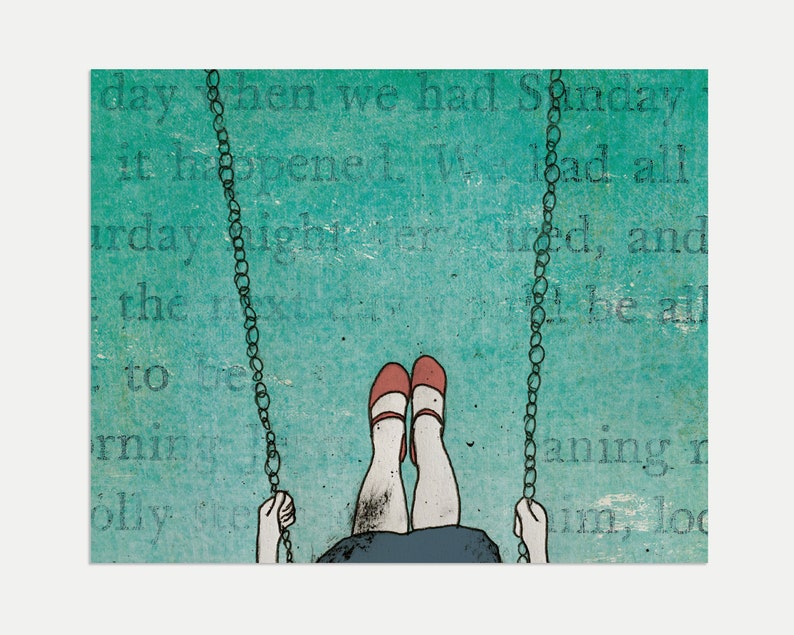 art print Red shoes girl swinging hand drawn