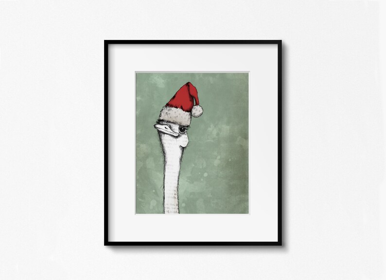 Christmas ostrich printable, hand drawn art print image 1