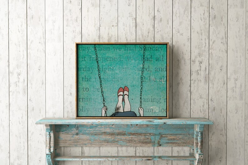 art print Red shoes girl swinging hand drawn