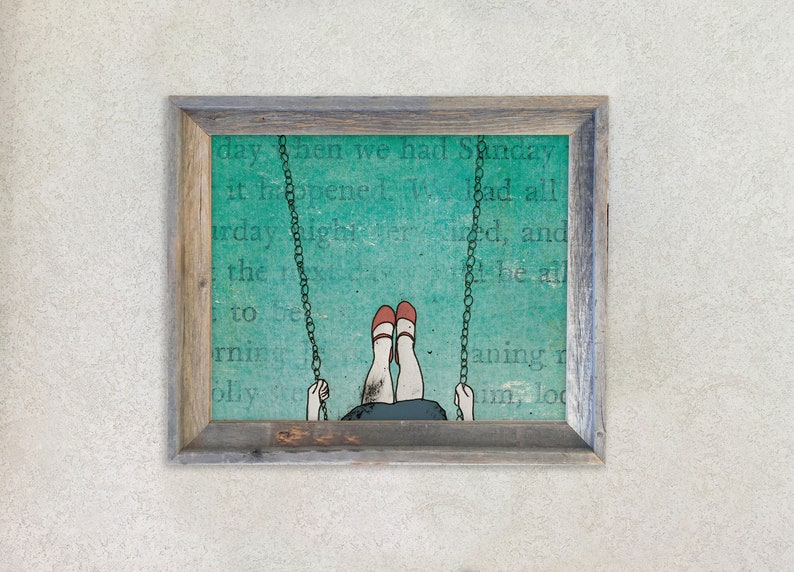 art print Red shoes girl swinging hand drawn