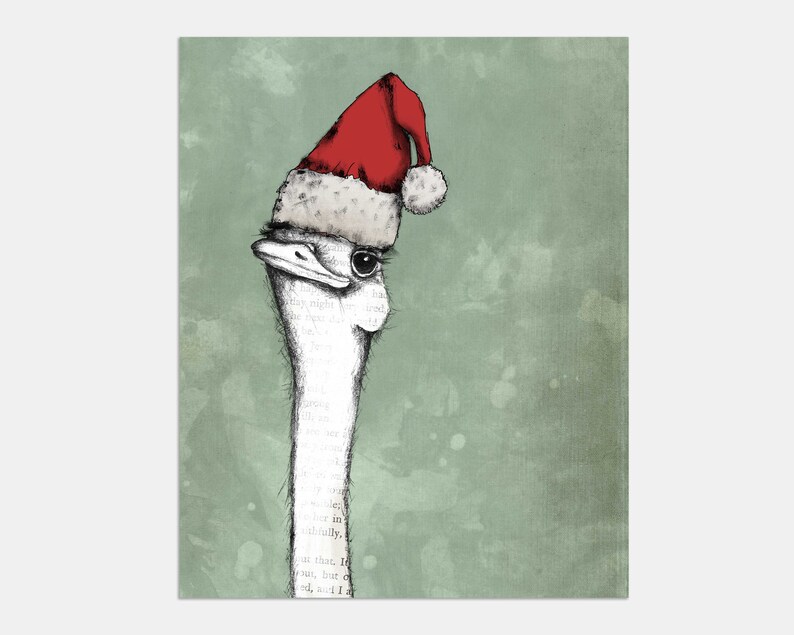 Christmas ostrich printable, hand drawn art print image 6