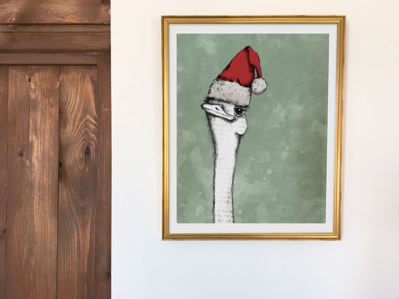 Christmas ostrich printable, hand drawn art print image 3