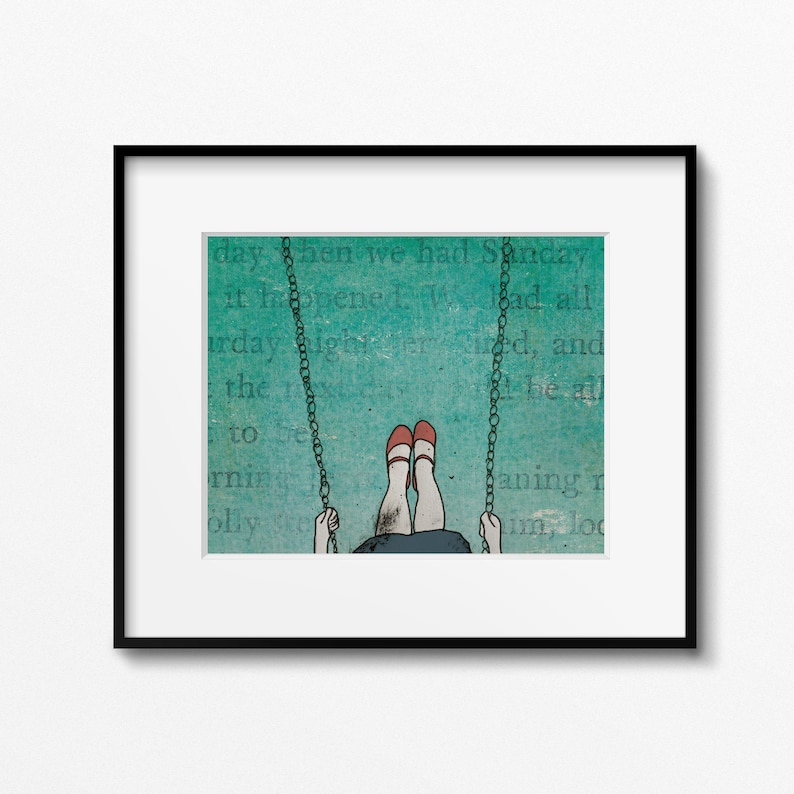 art print Red shoes girl swinging hand drawn