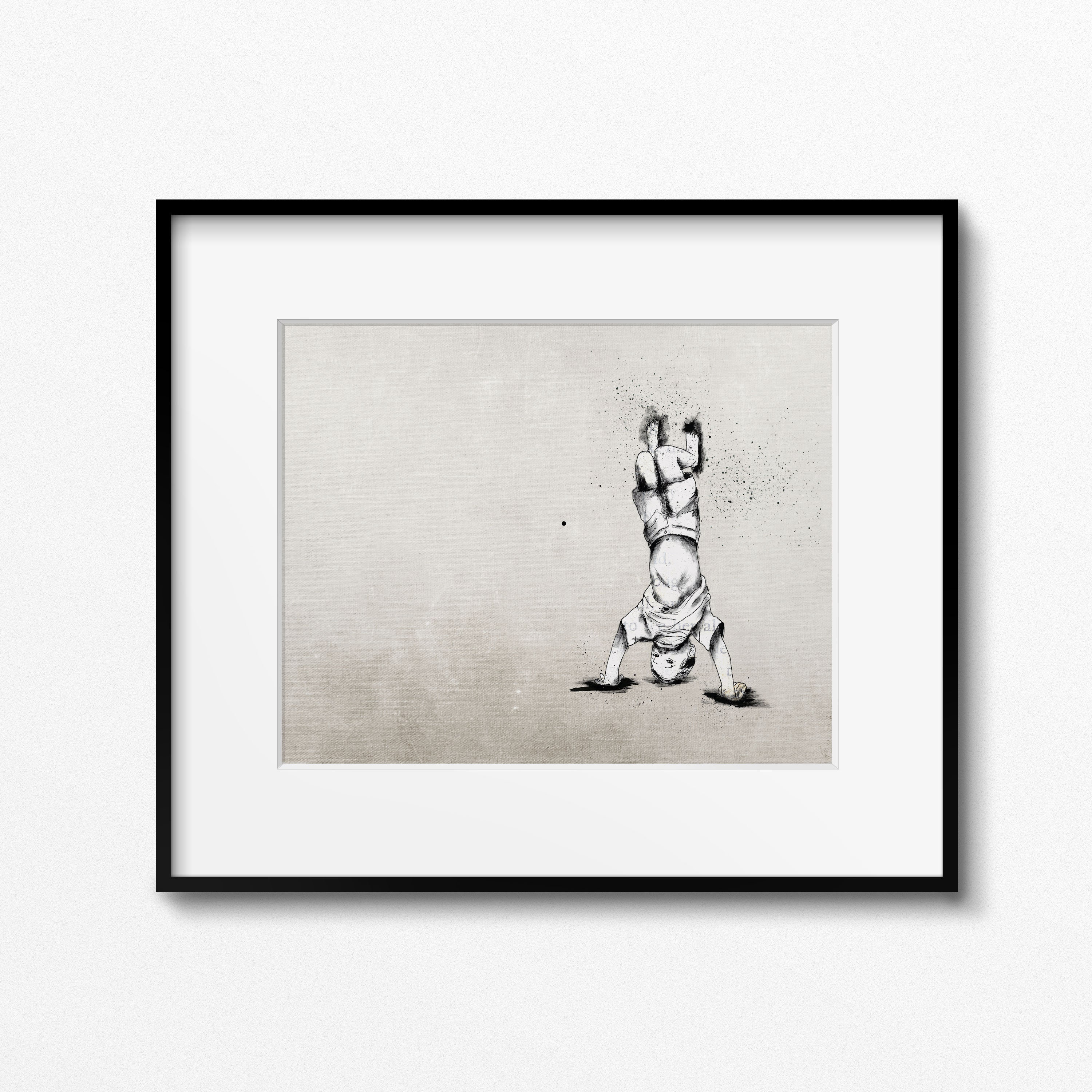 Sweet little boy headstand, hand drawn, art print