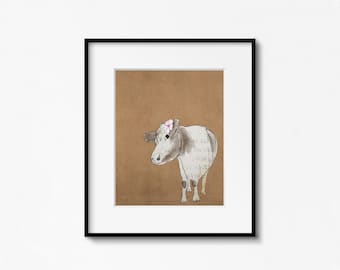 Lady cow with flowers hand drawn art print