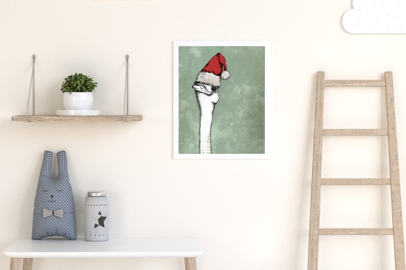 Christmas ostrich printable, hand drawn art print image 5
