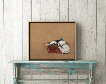 Girl and her dog, Hand drawn, Art print