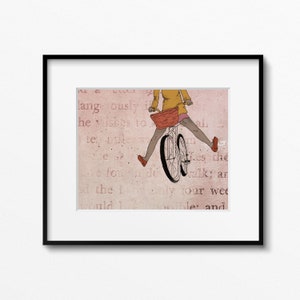 Girl riding a bicycle, hand drawn print art