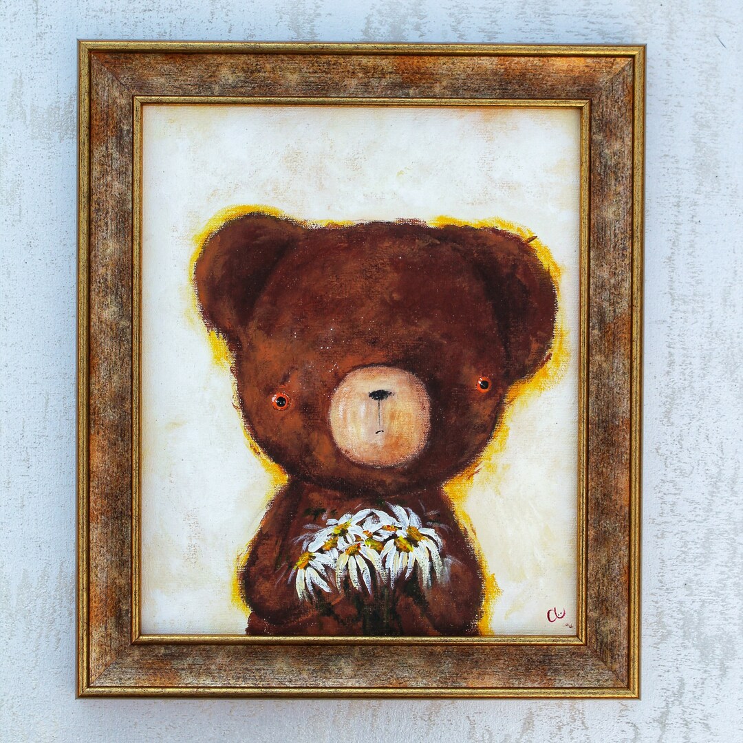 Original Teddy Bear Acrylic Painting - OOAK Animal Art, Handmade Wall ...