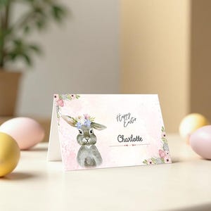 Segnaposto di Pasqua stampabile / Scheda con nome da tavolo a forma di coniglietto grigio / Decorazione da tavolo per cena primaverile / Segnaposto per le feste / Apparecchiatura da tavolo di Pasqua