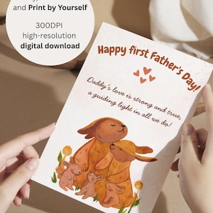 Eerste Vaderdagkaart van babymeisje of jongetje – kaart met konijnen – cadeau van babyjongen of meisje – digitale download Vaderdag - konijn papa