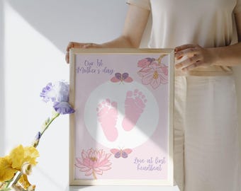 Eerste Moederdagcadeau, eerste Moederdag bloemen afdrukbaar met voeten, Moederdagkaart baby voeten, cadeau voor 1e keer moeder, voetafdruk baby
