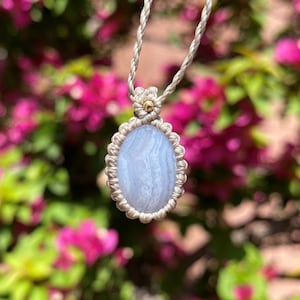 Stress-relief | Small Lace Agate Macrame Necklace, Dainty Gemstone Jewelry, Blue Lace Agate pendant, Gemstone Necklace