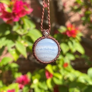 Stress-relief | Small Lace Agate Macrame Necklace, Dainty Gemstone Jewelry, Blue Lace Agate pendant, Gemstone Necklace