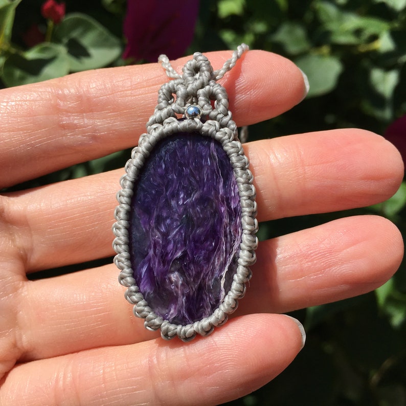macrame jewelry hippie spiritual balance Yoga gift healing stone bohemian jewelry Purple Charoite Macrame Necklace Charoite Pendant