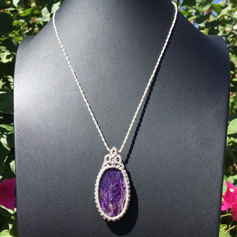macrame jewelry hippie spiritual balance Yoga gift healing stone bohemian jewelry Purple Charoite Macrame Necklace Charoite Pendant