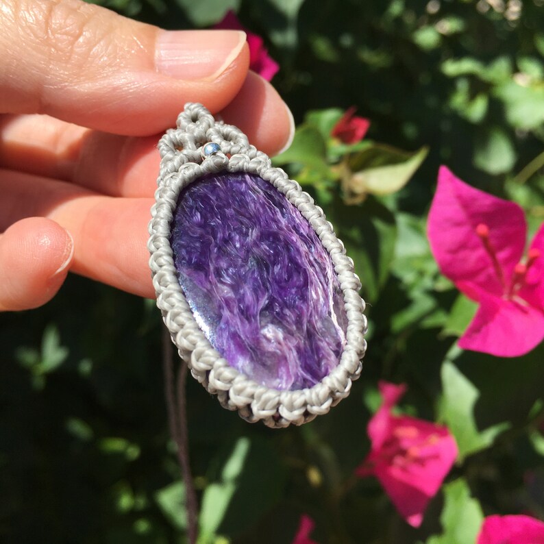 macrame jewelry hippie spiritual balance Yoga gift healing stone bohemian jewelry Purple Charoite Macrame Necklace Charoite Pendant