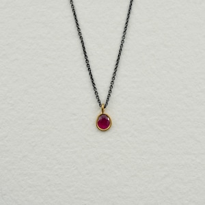 May include: A delicate silver chain necklace with a small, round, red gemstone pendant.