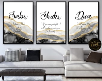 Black & Grey Islamic Prints | Islamic Calligraphy Wall Art | Abstract Wall Art | Sabr Shukr Dua Prints