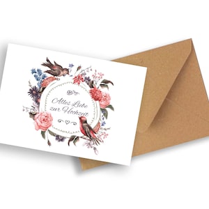 Friendly Fox Hochzeitskarte, 1x Karte zur Hochzeit "Kranz mit Vögeln", DIN A6 Klappkarte Alles Gute zur Hochzeit, Grußkarte inkl. Umschlag