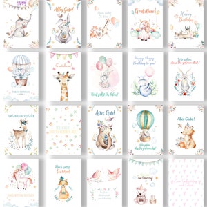 Friendly Fox Geburtstagskarten Kinder, 20x Glückwunschkarten zum Geburtstag Kinder, DIN A6 Happy Birthday Karten, Aquarell Karte mit Tiere