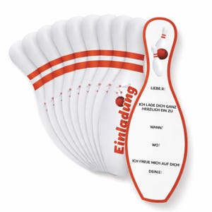 May include: A stack of white bowling pin-shaped invitations with red stripes and the word "Einladung" in red. One invitation is shaped like a bowling pin with text and a bowling ball and pin graphic.
