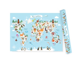 Children's world map, world map for children, XXL children's atlas poster, DIN A1 large animal world map