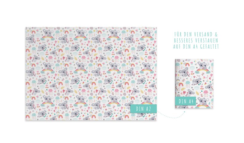 May include: White paper with a repeating pattern of gray koalas, rainbows, clouds, and hearts. The design includes text that reads "DIN A2" and "DIN A4". The overall theme is a cute, whimsical design.