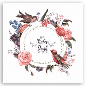 Friendly Fox Dankeskarte Vogel Blumenkranz,  1x Danke Karte Boho, Quadratische Dankeschön Karte mit Kraftpapier Umschlag
