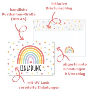 May include: Rainbow-themed invitation card with a white background and colorful polka dots. The card features a rainbow with a pink heart at the center and the word "EINLADUNG" in pink lettering. The card is 4.13 inches by 5.83 inches and comes with a matching envelope.