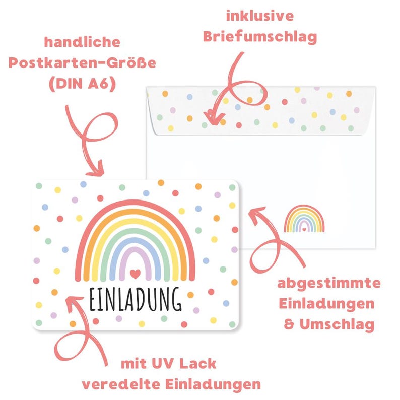 May include: Rainbow-themed invitation card with a white background and colorful polka dots. The card features a rainbow with a pink heart at the center and the word "EINLADUNG" in pink lettering. The card is 4.13 inches by 5.83 inches and comes with a matching envelope.
