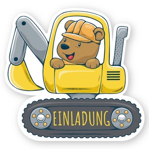 Friendly Fox Bagger Einladung, 12 Einladungskarten Kindergeburtstag Junge, Mini-Bagger Geburtstagseinladungen Baustellen Geburtstag, 10x11cm