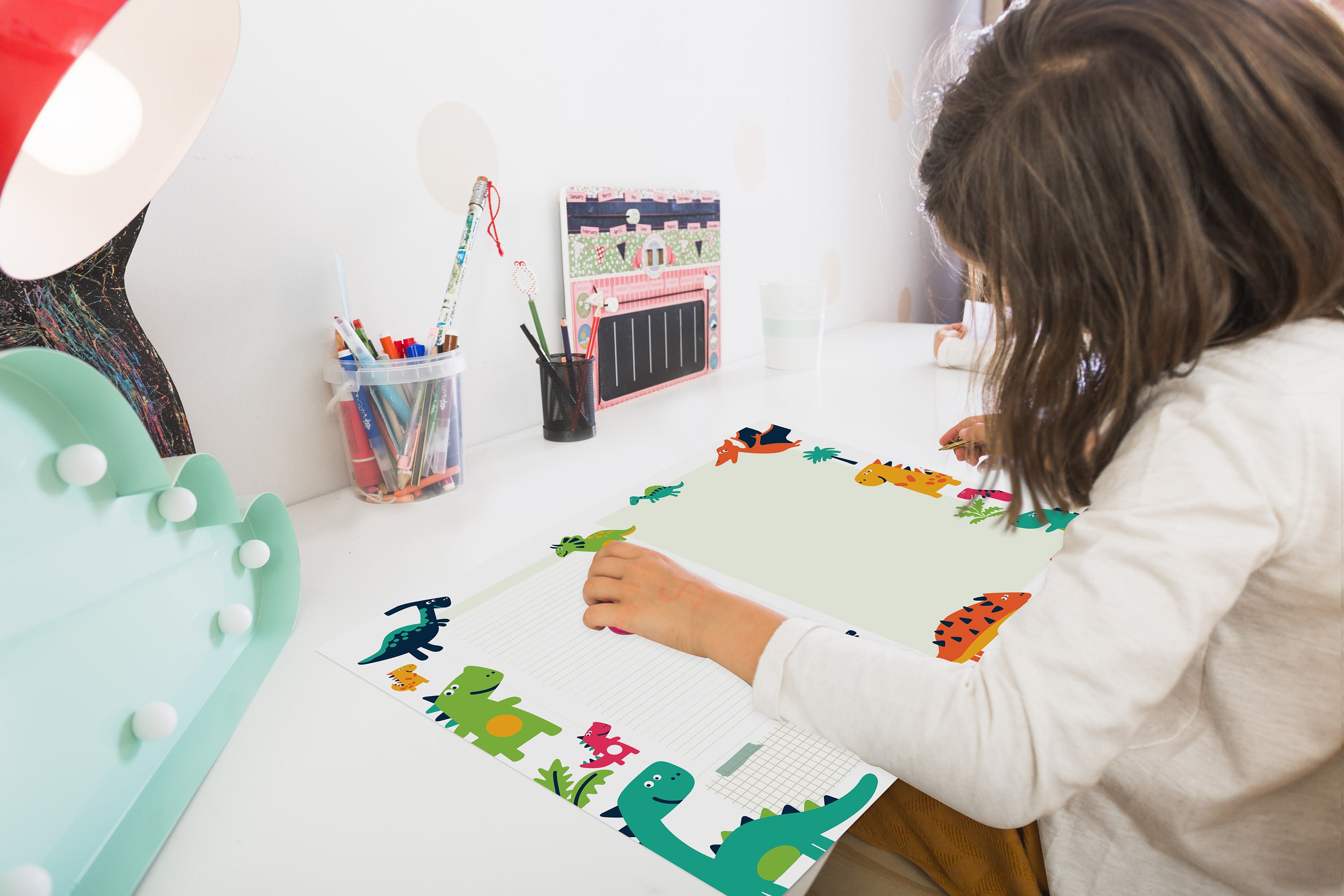 Sous-main A3 Dinosaures Volcan T-Rex - Avec 50 Feuilles Papier, Alphabet Et Tables Multiplication - Pour Enfant école Maison