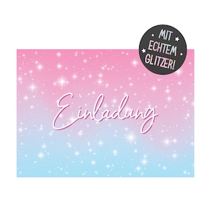 Friendly Fox Glitzer Sterne Einladung, 12x Glitzer Einladungskarten Kindergeburtstag Regenbogen Party, mit echtem Glitzerlack