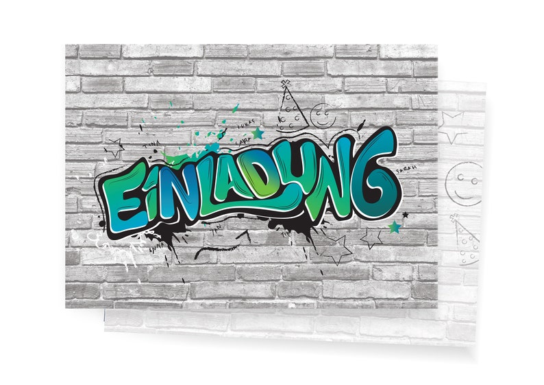 Friendly Fox Graffiti Einladung, 12x Graffiti Einladungskarten Kindergeburtstag Graffiti Art, Geburtstagseinladung Blau