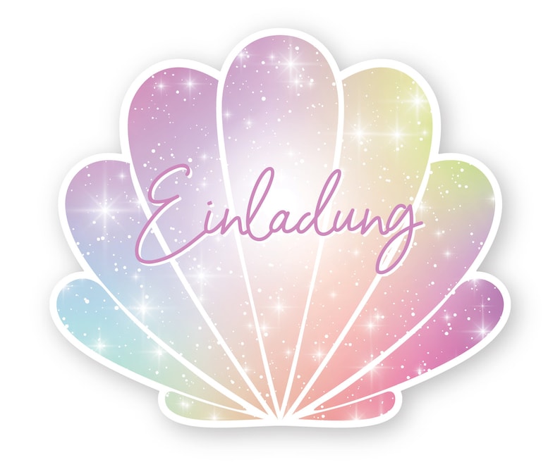 Pu&ograve; includere: Una conchiglia arcobaleno pastello con glitter e la parola "Einladung" in scrittura rosa.