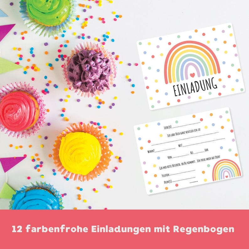 May include: Twelve colorful rainbow-themed invitations with a polka dot background. The invitations have a fill-in-the-blank format for party details. The text on the invitation reads "Einladung" which is German for "Invitation".