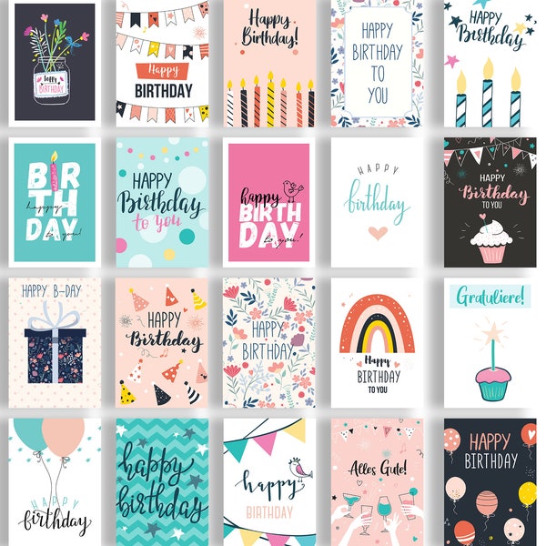 Friendly Fox Birthday Cards, 20x Birthday Greeting Cards, DIN A6 Happy Birthday Postcards for Birthdays, Set 2