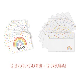 May include: A set of 12 rainbow-themed invitation cards with white polka dots and matching envelopes. The cards feature a rainbow with a heart and the word "Einladung" (German for invitation).