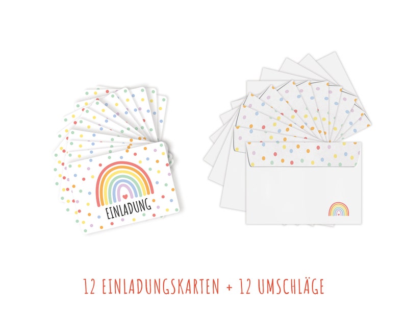 May include: A set of 12 rainbow-themed invitation cards with white polka dots and matching envelopes. The cards feature a rainbow with a heart and the word "Einladung" (German for invitation).