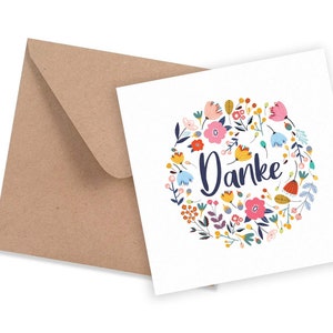 Friendly Fox Dankeskarte Blumen, 1x Danke Karte Blumen, Quadratische Dankeschön Karte mit Kraftpapier Umschlag, 14,8x14,8cm Faltkarte