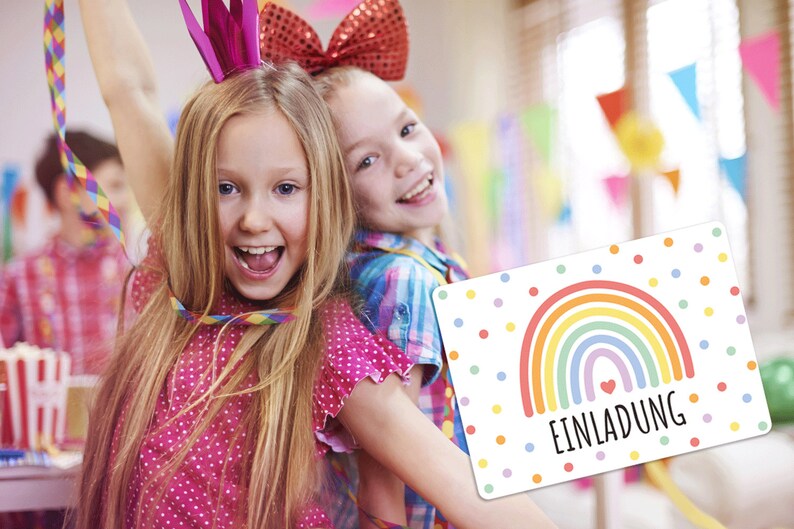 May include: Two girls wearing party hats and holding colorful streamers. One girl is holding a rainbow-themed invitation card with the word "EINLADUNG" on it.